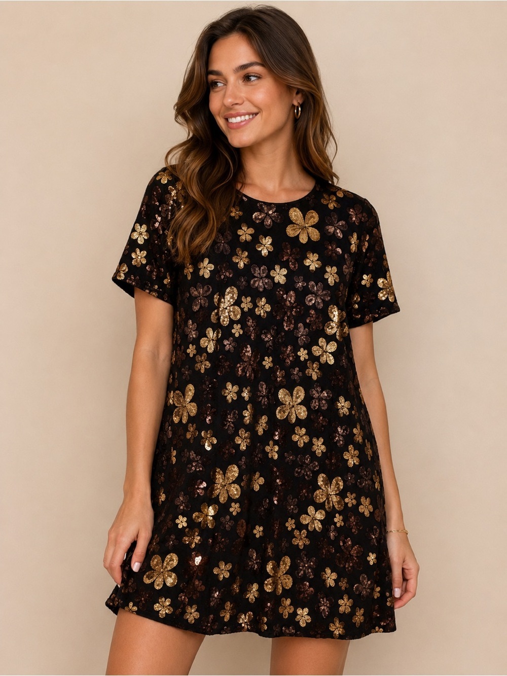 London Times Black Mini Dress with Gold Floral Sequins